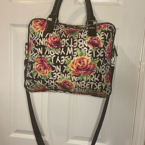 Betsey Johnson Nylon colorful large laptop shoulder bag black patent trim &strap - Picture 5 of 14
